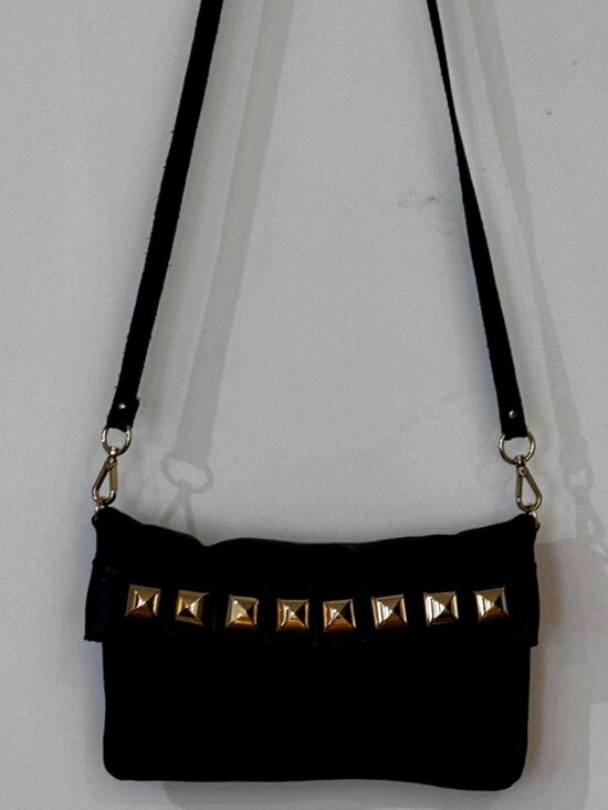 Linea Pelle Handbags - Linea Pelle Black Leather w/Gold Tone Decor Convertible Bag, Good Condition